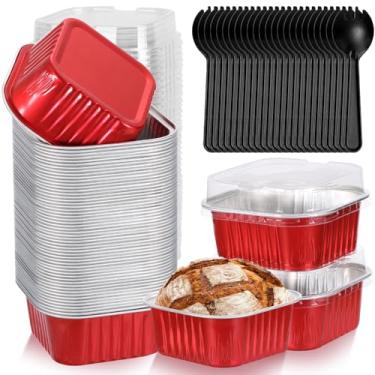 Imagem de selizo Pacote com 60 mini formas de bolo descartáveis de 142 g com tampas, copos quadrados de folha de alumínio, 3,5 x 3,5 latas de bolo pequenas, recipientes de bolo com tampas para bolos individuais