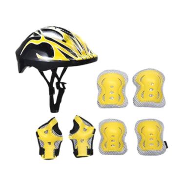 Imagem de rockible Capacete de bicicleta infantil com cotoveleiras, capacete leve de bicicleta com protetores de pulso para patins em linha, esportes ao ar livre, Amarelo