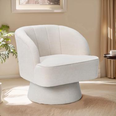 Imagem de PATIOHIT Cadeira de barril giratória moderna 360 graus redonda com detalhe giratório confortável de tecido de linho estofado cadeira de sofá para sala de estar, quarto, escritório (bege claro)