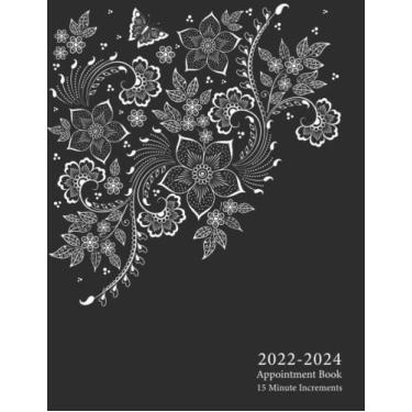 Imagem de Agenda de compromissos 2022-2024 incrementos de 15 minutos: planejador de 3 anos com calendário mensal e horário semanal por hora das 7h às 21h a partir de segunda-feira, capa preta e rabisco floral