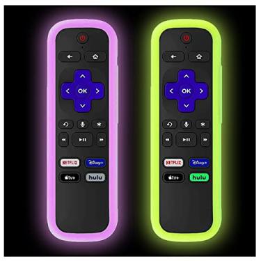 Imagem de Pacote com 2 capas protetoras de silicone para controle remoto TCL Roku | Capa universal para controle Hisense Roku Express 4K+ 2021 | Roku Streaming Stick+ capa remota com cordões que brilham verde e roxo