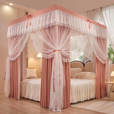 Imagem de SCMTYWCQ Cantos Post Cor Sólida Cama Dossel Cortina Dupla Camada-Cortina e Babados Princesa Mosquiteiro 4 Aberturas Rede para Meninas Adolescentes Ou Adultos Decoração de Quarto (Rosa-Jade, Queen)