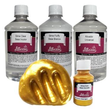 Imagem de Kit Ativador Slime Universal 500ml + Cola Slime Fluffy 500g + Cola Slime Transparente Clear 500g - Altezza - Kit DIY para Slimes Criativos (Kit + Base Gold 100g)