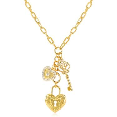 Imagem de Colar feminino vintage com pingente de cadeado e chave, banhado a ouro 14K, zircônia cúbica, coração, fecho ajustável, corrente de elos de papel, padrão retrô, joia moderna, presente para mulheres,