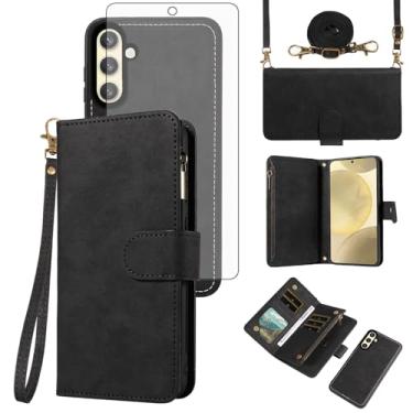 Imagem de Asuwish Capa de celular para Samsung Galaxy S24/S25 5G carteira com zíper destacável com protetor de tela de vidro temperado alça transversal alça flip porta-cartões S 24 24S 25 25S G5 feminina preta