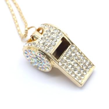 Imagem de Apito, apito de strass de cristal de metal com chaveiro, apito brilhante, apito alto e nítido para treinador, árbitro, basquete, salva-vidas (ouro)