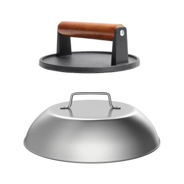 Imagem de SafBbcue Ferro fundido redondo Smash Burger Grill ferramenta de prensa de peso e chapa a vapor cúpula de derretimento 30,5 cm capa redonda de aço inoxidável para chapa Blackstone, cúpula de cobertura