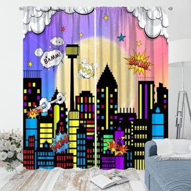 Imagem de Yoakiet Cortinas de cidade de super-heróis, desenho animado colorido, paisagem noturna, horizonte, paisagem, edifícios, estampa, bolso para varão, tratamentos de janela, cortinas para meninos e