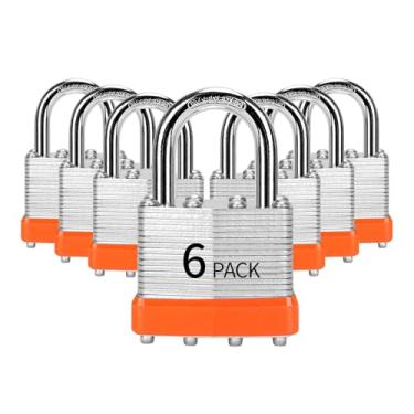 Imagem de HZSY Cadeado com chave de aço laminado (40 mm), fechaduras com chave, embalado com 6, cadeados normais, aros de plástico laranja, para caixa de ferramentas, armário e unidade de armazenamento ou mais