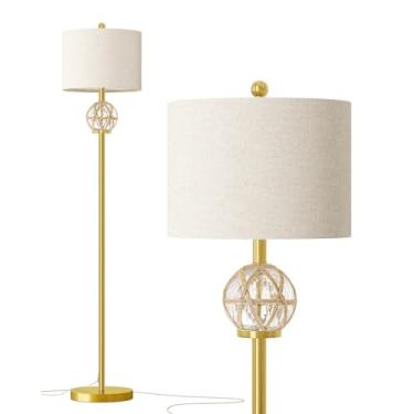 Imagem de Oneach Luminária De Chão Moderna De 61,5” Para Sala De Estar, Luminária De Pé Boho Dourada Com Design De Vidro De Vime, Interruptor Giratório, Luminárias Altas De Fazenda Para Quarto, Escritório, Sa