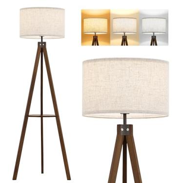 Imagem de ELYONA Luminária De Chão De Tripé De Madeira Com Mesa, Luz De Pé De Prateleira Com Lâmpada Led De 3 Temperaturas De Cor, Luminária De Chão Alta De Madeira Moderna De Meados Do Século Com Abajur De L