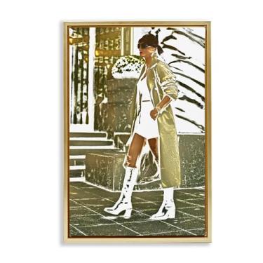 Imagem de Stupell Industries Arte de parede em tela emoldurada Girl in Gold Trenchcoat Gold Floater por Graffi*tee Studios, 43 x 63 cm