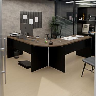 Imagem de Mesa Escrivaninha Em L Canto Arredondado 1400x600 Netmobil - Nogal/Preto