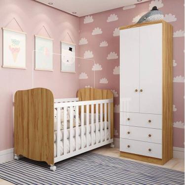 Imagem de Quarto de Bebê com Guarda Roupa 2 Portas e Berço Teka 100% Mdf Espresso Móveis Branco Brilho/Amêndoa