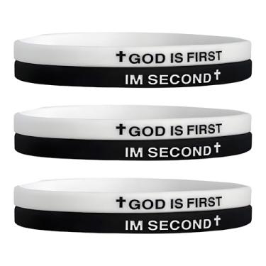 Imagem de LIU JUN Pulseira God Is First, pulseiras de borracha cristã inspiradoras gravadas versículos bíblicos cruz pulseira de silicone para mulheres homens presentes de fé, Large, Silicone, Sem Pedra