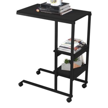 Imagem de Mesa Auxiliar Lateral Apoio Mesa de Centro Sofá com Rodízio Móvel Estrutura em Aço Tampos em MDF