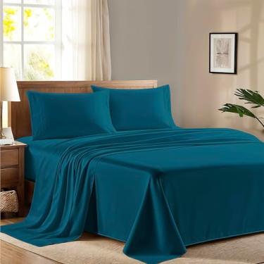 Imagem de Ashton Sheets Jogo de cama Queen Size 100% algodão egípcio - Conjunto de lençóis de algodão egípcio 600 fios para cama queen size (4 peças, azul-petróleo), macio, refrescante, lençol de cetim com