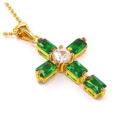 Imagem de RIZILIA Pingente de cruz com corrente de 45,72 cm e zircônia cúbica retangular [6 cores disponíveis] banhado a ouro amarelo, simples, moderno e elegante, Latão, Esmeralda sintética