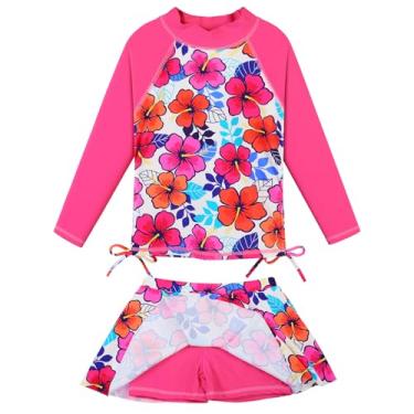 Imagem de BAOHULU Maiô Rash Guard de 2 peças para meninas de manga comprida com saia de natação UPF50+ roupa de banho infantil 2-12 anos, D-hotpinkflower, 8-9 Anos