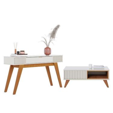 Imagem de Sala de Estar com Aparador Rivieira e Mesa de Centro Jeri - pr Móveis Off White/Freijó