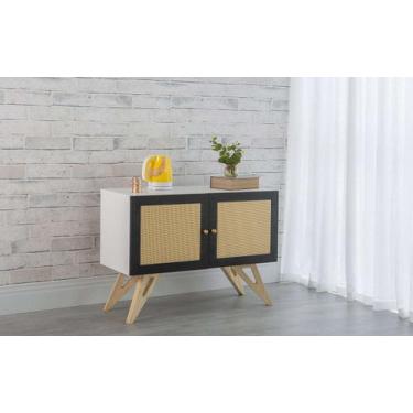 Imagem de Balcão Buffet Mdf Branco Pés Taeda 2 Portas Pretas E Palhinha Retrô Fr