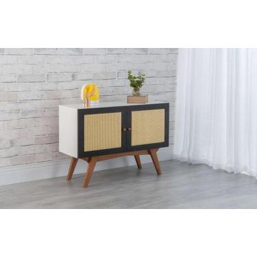 Imagem de Balcão Buffet Pés Jatobá Mdf Branco 2 Portas Preta E Palhinha Retrô Do