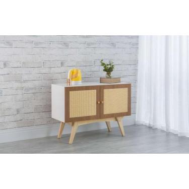 Imagem de Balcão Buffet Pés Taeda Mdf Branco 2 Portas Freijó E Palhinha Retrô Do