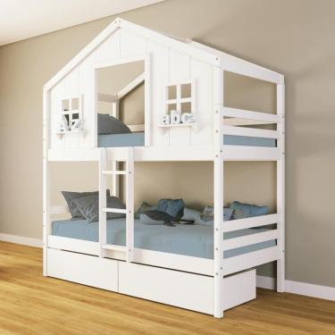 Imagem de Beliche Casinha dos Sonhos com 02 Gavetas Madeira Maciça Branco Housin