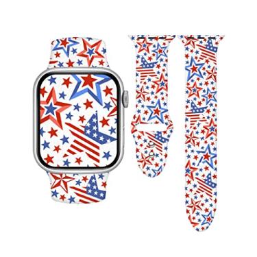 Imagem de TOXXU Pulseira de relógio 4 de julho com a bandeira americana dos EUA compatível com Apple Watch de 49 mm, 45 mm, 44 mm, 42 mm, 41 mm, 40 mm e 38 mm, para mulheres e homens, pulseira de silicone impressa em silicone Memorial Day para iWatch Ultra SE 8 7 6 5 4 3 2 1, M/G (branca)