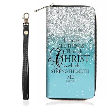 Imagem de BWOOLL Live Laugh Love Carteira feminina com estampa de citação inspiradora, carteira de grande capacidade, porta-cartão de crédito, couro PU, bolsa clutch com zíper, Citação do versículo da Bíblia