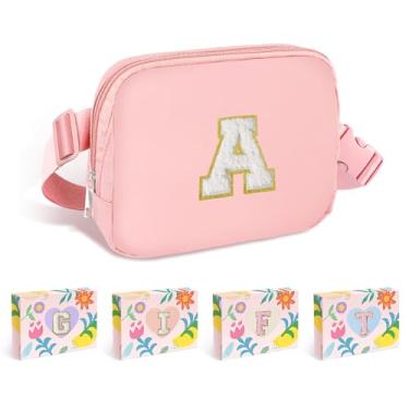 Imagem de COSHAYSOO Bolsa de cinto rosa pequena pochete de cintura com patch de letra inicial alça ajustável para mulheres adolescentes correndo viajando academia caminhadas, mini bolsa transversal de viagem transversal transversal bolsa moderna, Rosa-A, Small, Moda Preppy
