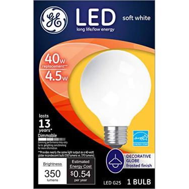 Imagem de Lâmpada de LED regulável GE, lâmpada de globo G25 decorativa fosca, 4,5 watts (substituição de 40 watts) 350 lúmens, branco macio, base de lâmpada média, 1 pacote de lâmpadas LED