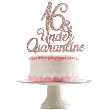 Imagem de Blusa de bolo de aniversário de quarteneira com glitter em ouro rosa 16 e sob quartena - suprimentos de decoração de festa de aniversário de 16 anos, artigos de festa de aniversário com distância social, artigos de festa de aniversário, decoração de bolo de aniversário para meninos e meninas