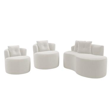 Imagem de Kit Sofá e 02 Poltronas Orgânicas Living Bob com Almofadas Bouclê Off White - Abmaza