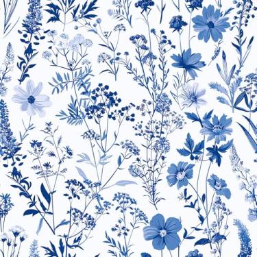 Imagem de VaryStyle Papel de parede floral azul descasque e cole delicadas flores silvestres papel de parede azul e branco para quarto, banheiro, impermeável, papel de contato floral removível para armários e