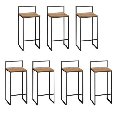 Imagem de Kit 07 Banquetas Alta Com Encosto Lyno Industrial Balcão Bistrô Ferro Preto Castanho - Amey Decor