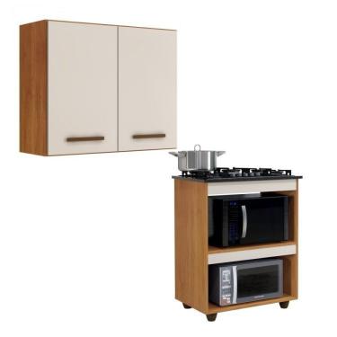 Imagem de Conjunto Armário Aéreo De Cozinha 2 Portas E Balcão Para Cooktop 4 Bocas 2 Nichos Para Forno Nature/off White