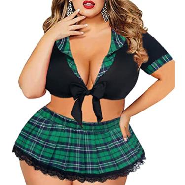 Imagem de Avidlove Lingerie cosplay sexy plus size para mulheres, conjuntos de lingerie exótica, roupa de escola com top de gravata e minissaia (verde, 14 Plus)