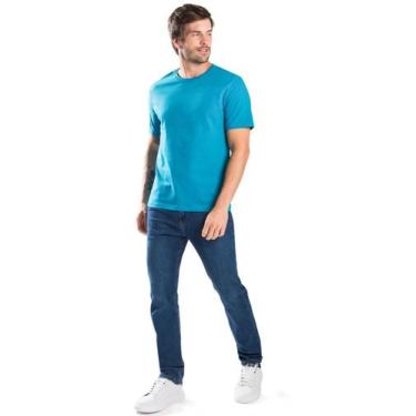 Imagem de Camiseta Azul Turquesa Meia Malha 100% Algodão Gola Careca Tubular Sem