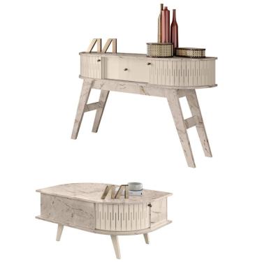 Imagem de Mesa de Centro e Aparador Montreal Calacata Off White Retangular MDP MDF 136cm Bege