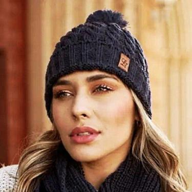 Imagem de Conjunto Kit Touca Pompom E Cachecol Liso Gola Infinita De Lã Tricot E