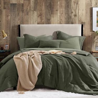 Imagem de Geniospin Conjunto de edredom California King – 7 peças, conjunto de cama macio e sólido para todas as estações, cama texturizada em uma bolsa com lençóis, fronhas e fronhas (verde escuro, 278 x 236