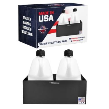 Imagem de Suporte para jarro de combustível Pit Posse 430BK – Serve para 2 jarros de 5 galões – Organizador de armazenamento de alumínio – Use na sua loja/garagem/reboque de corrida fechado – antiferrugem – Fácil de instalar – Acessórios para motocicleta/carro – Bla