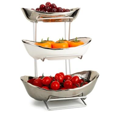 Imagem de jessie Tigelas de frutas de cerâmica de 3 camadas para balcão de cozinha com rack de metal, cesta de frutas com suporte, tigelas de porcelana para frutas, legumes, pão, doces, salgadinhos, nozes