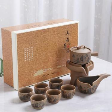 Imagem de Conjunto de chá de gongfu chinês, conjunto de chá de cerâmica semiautomático com design de moinho de pedra, 6 xícaras para adultos, homens, mulheres, cerimônias de chá, decoração de escritório em casa