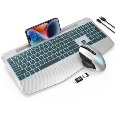 Imagem de Teclado e mouse sem fio, descanso de pulso, mouse de LED, teclado ergonômico recarregável com suporte de telefone, combo de iluminação silenciosa para computador, Mac, PC, laptop, Chromebook (prata
