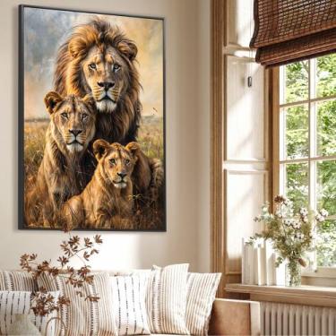 Imagem de Quadro decorativo vertical família de leão com um filhote - MeMoldura,