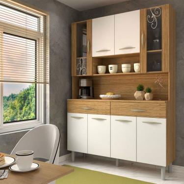 Imagem de Armário de Cozinha com Balcão Sansa 8 Portas 2 Gavetas com Vidro Ripado 3d Freijó/Supremo - Panorama Móveis