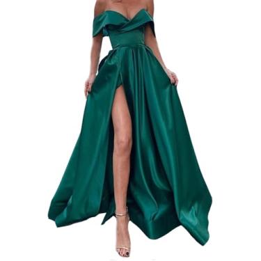 Imagem de Moda Vestido De Noite Longo, Vestidos De Cetim Prom Com Fenda Perna Decote V Comprimento Do Chão, Formal Longo Vestido De Festa De Noite
