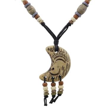 Imagem de Joddfly Colar de arte abstrata, pingente de cerâmica estilo tribal, design celestial sol lua estrela, corda de tecido ajustável, vintage feito à mão, Standard size, Cerâmica, Sem Pedra Preciosa